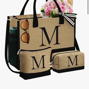 Stylish Tan Tote Bag Set with Black Accents